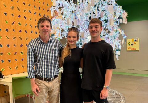 Muscle Mat co-founders and siblings, Hunter and Maddie, visiting Queensland Children's Hospital with their father