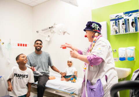 Clown Doctor entertain burns patient and family in waiting room